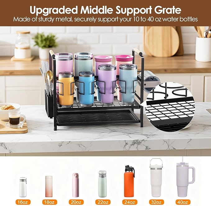 Housolution Water Bottle Organizer Drying Rack for 10 to 40 oz Cups, Multifunctional 8 Slots Tumbler Organizer Cup Holder Rack Compatible with Stanley, Owala, Simple Modern and Other Brands