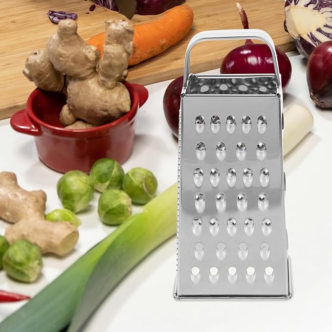 1pc Stainless Steel Vegetable Grater Portable Metal Grater 4-Sided Cheese Grater with Handle for Kitchen Restaurant (8inch)