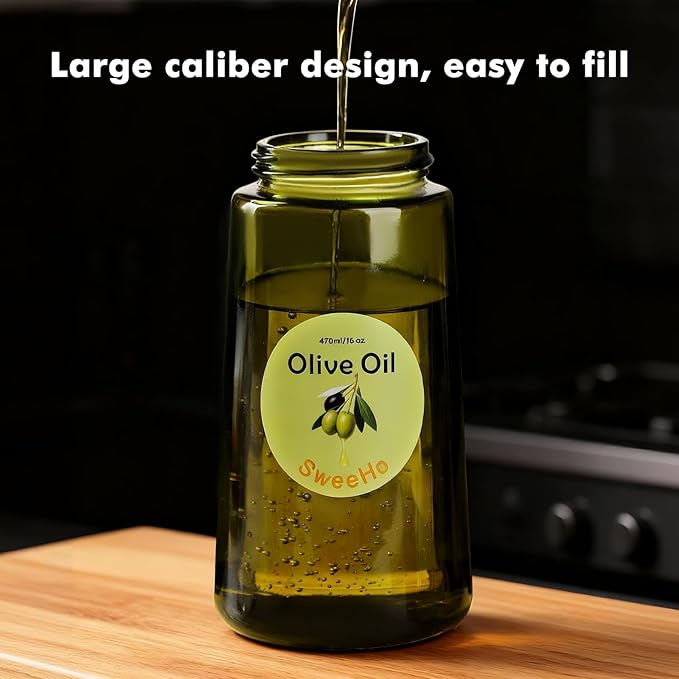 Oil Sprayer for Cooking,470ml Cooking Olive Oil Sprayer and Oil Dispenser 2 In 1, Food-grade Glass Oil Spray Bottle Mister for Air Fryer, BBQ, Griddle (Black+dark green glass and color label)