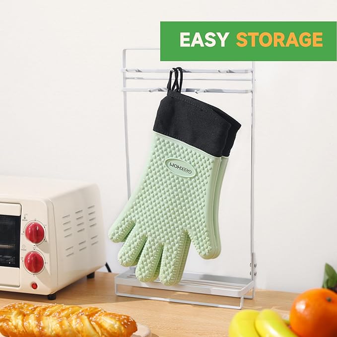 GEEKHOM BBQ Gloves Heat Resistant Oven Mitts - Silicone Grilling Gloves with 13.7" Arm Protection - Waterproof Pot Holder Non-Slip for Men & Women, Kitchen Outdoor Cooking, Baking, Camping, Mint Green