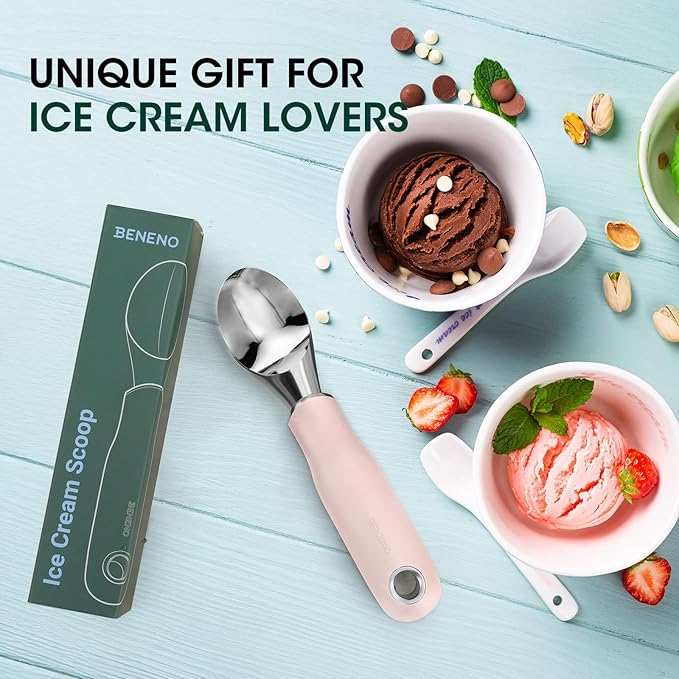 Beneno Heavy Duty Ice Cream Scoop - Upgraded Anti-Fracture Design, Comfortable Grip Long Handle, Effortless Scooping & Dishwasher Safe, Pink