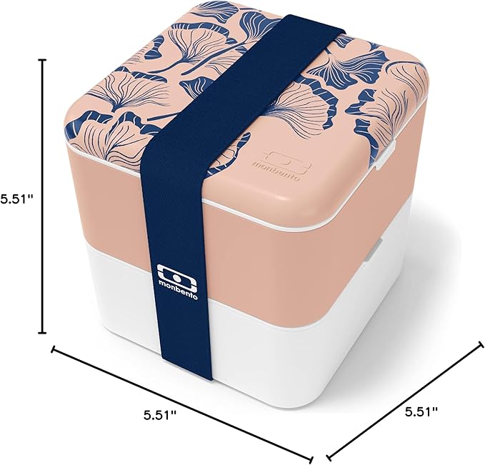 monbento - Large Bento Box MB Square Ginkgo with Compartments - Leakproof Lunch Box for Work and Meal Prep - BPA Free - Food Grade Safe - Japanese Pattern - Pink & Blue