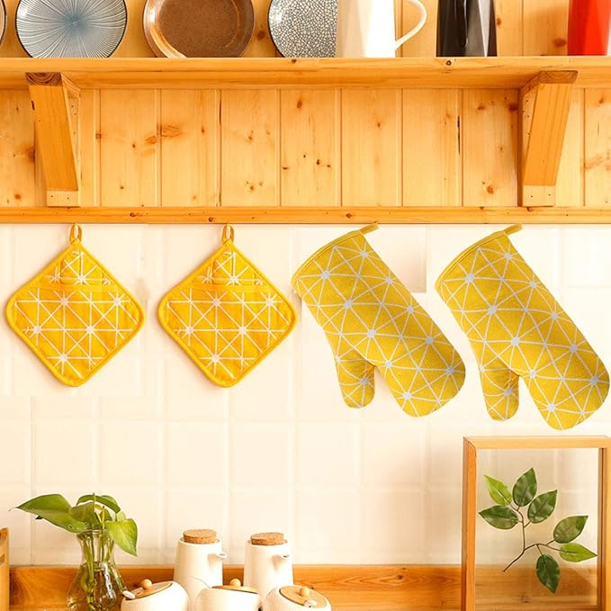 Oven Mitts and Potholders BBQ Gloves-Oven Mitts and Pot Holders with Recycled Infill Silicone Non-Slip Cooking Gloves for Cooking Baking Grilling (4-Piece Set) (Yellow-02)