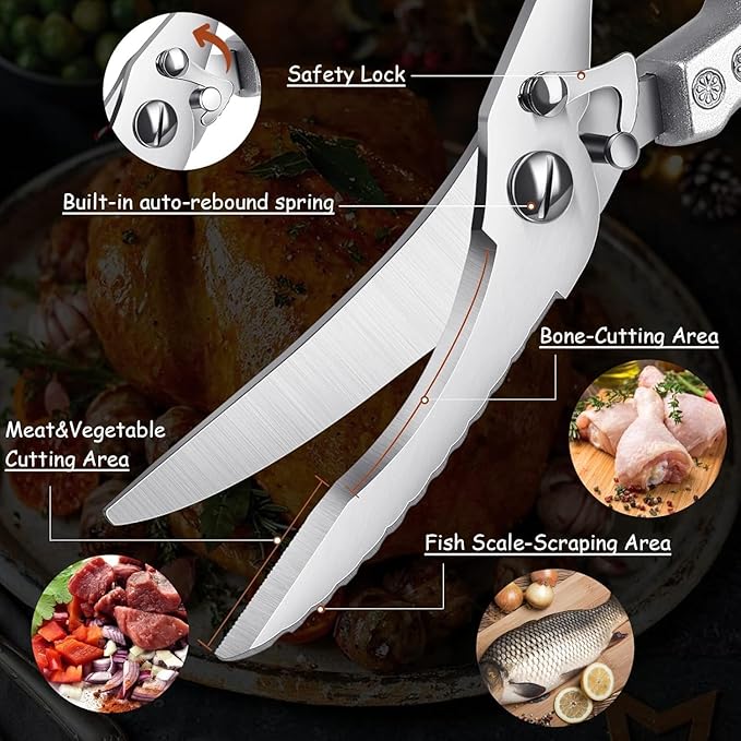 Dreach Reach Heavy Duty Poultry Shears with Serrated Edge - Kitchen Scissors For Chicken, Bone, Meat, Turkey, Fish - No Rust, Spring Loaded, Stainless Steel