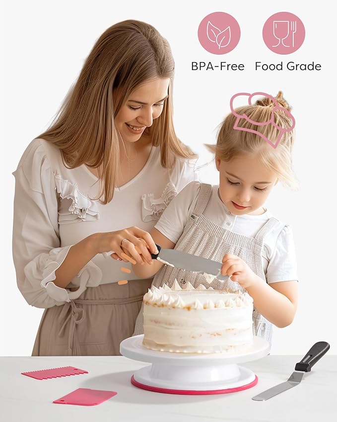Kootek Cake Decorating Kit Baking Supplies Set Cake Turntable with 2 Frosting Straight Angled Spatula 3 Icing Smoother Scrapers Baking Accessories Tools for Beginners and Pros, Pink
