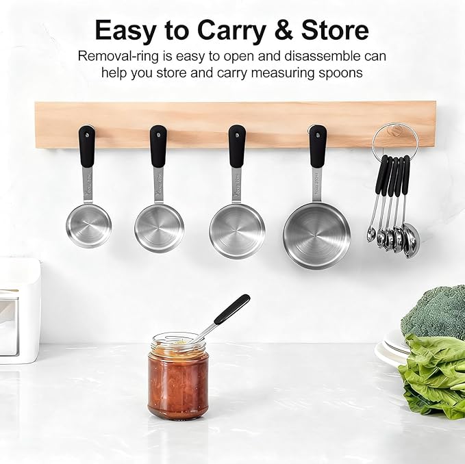 Measuring Cups and Spoons Set Stainless Steel 10 Piece for Cooking and Baking (5 Cups + 5 Spoons, Black Handle)
