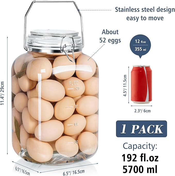 1.5 Gallon Glass Jar with Airtight Lid, Square Wide Mouth Mason Jars with Stainless Steel Handle, Large Glass Storage Containers for Canning, Flour, Sugar, Fermentation, Rice, Pickled Eggs