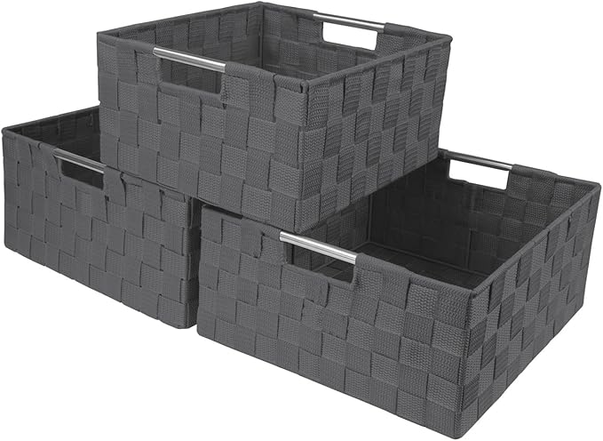 Sorbus Storage Box Woven Basket Bin Container Tote Cube Organizer Set Stackable Storage Basket Woven Strap Shelf Organizer Built-in Carry Handles (Gray)