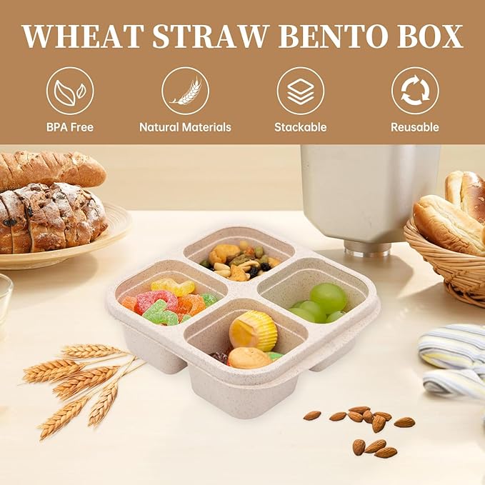 4 Pack Bento Lunch Box，4 Compartment Snack Containers，Divided Bento Snack Box，Meal Prep Containers Kids/Toddle/Adults,Food Storage Containers for School, Work and Travel