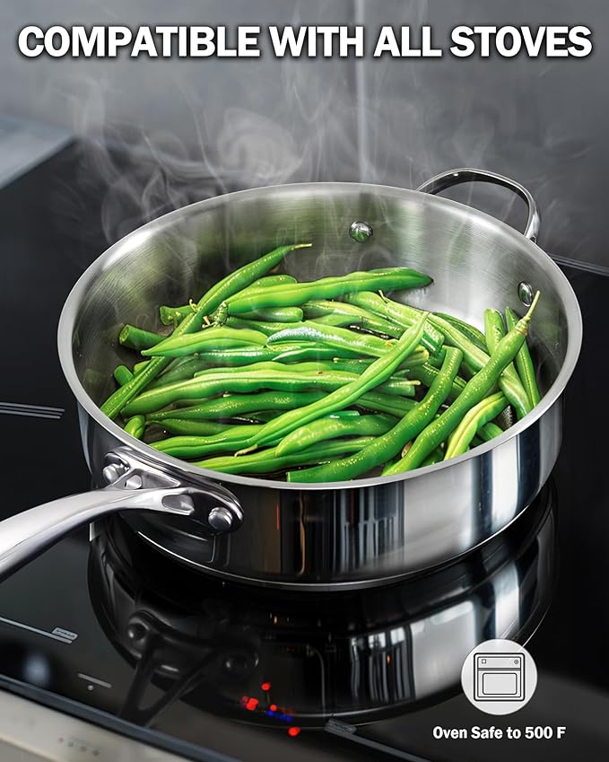 Cooks Standard 4-Quart Stainless Steel Sauté Pan with Lid, 10.5-inch Deep Frying Pan Induction Cookware, Oven Safe Large Skillet Jumbo Cooker with Stay-Cool Helper Handle