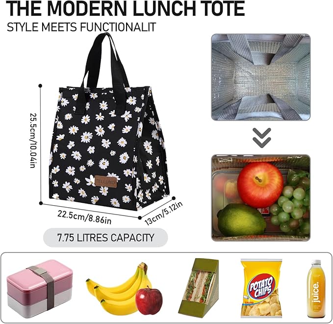TELLUMO Lunch bag, Insulated Lunch Bag for Women Men Large Lunch Box Container Reusable Leakproof Tote for Office, Work, School, Beach or Travel (Black Daisy)