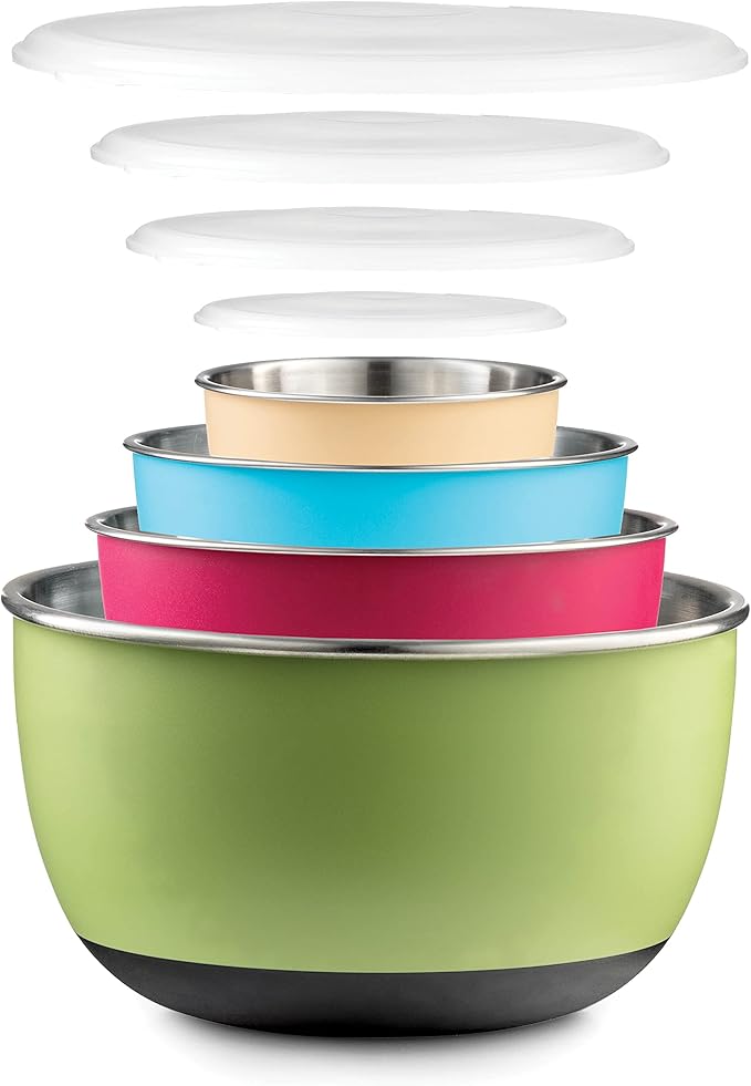 Double Wall Stainless Steel Mixing Bowls with Airtight Lids (Set of 4) Nesting Bowls for Space Saving Storage - Non-Slip Bottoms for Stability - Mixing Bowl Set For Cooking, Baking & Food Storage.