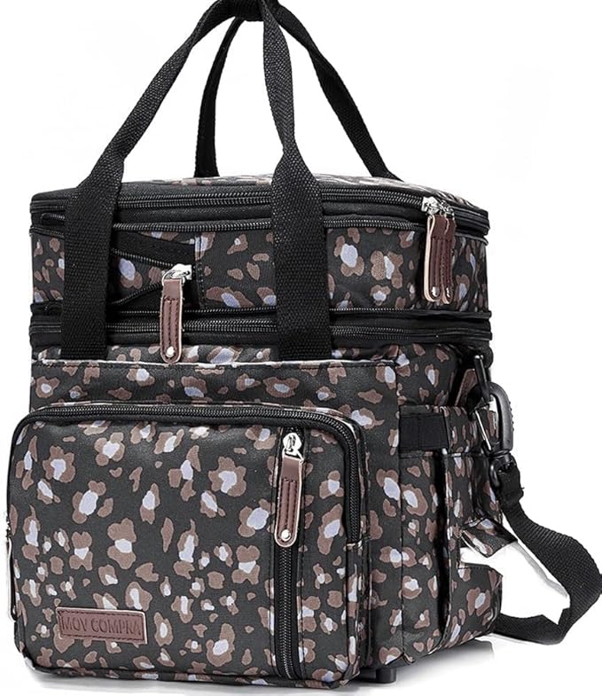 MOV COMPRA Leopard Lunch Bags for Women,Expandable Large Lunch Box,Leakproof Double Deck Lunch Box Cooler Tote Bag with Removable Shoulder Strap（Leopard Print）
