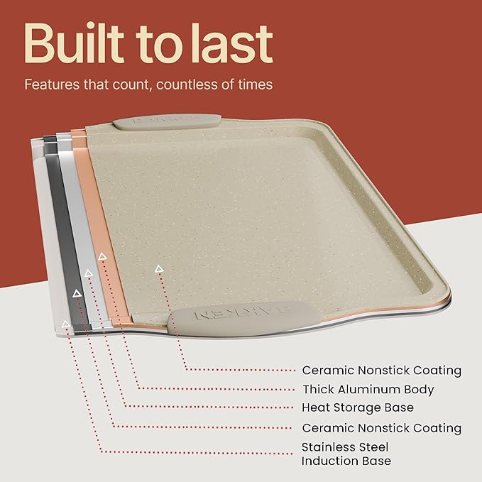BAKKEN Cookie Sheets for Baking Nonstick Set - 3-Piece Stackable Carbon Steel Baking Sheet Pans Set with Silicone Handles, Non Toxic Cookie Sheets for Baking Bakeware Set - White Marble