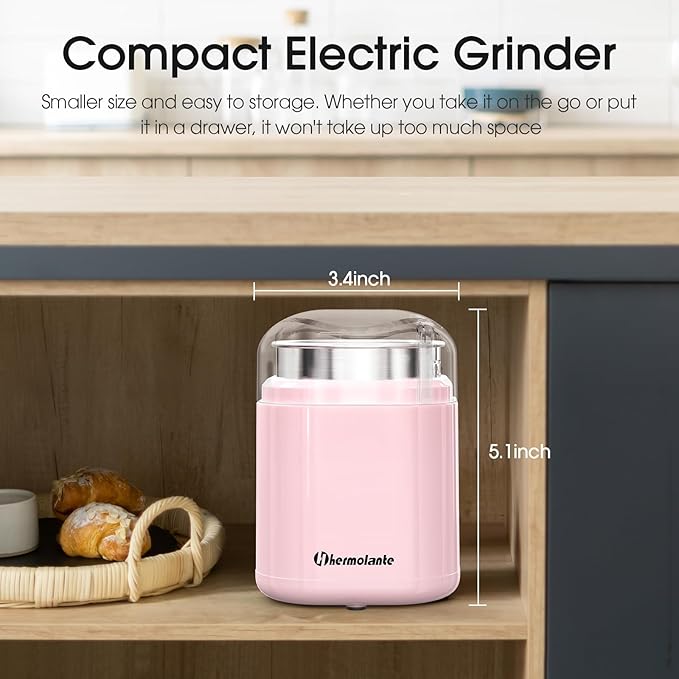 Herb and Spice Grinder, 200W Electric With Stainless Steel Blade, Cleaning Brush - Compact Size 5.11in (Pink)