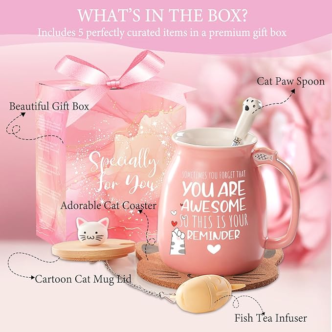 BigNoseDeer Thank You Gifts for Women Cute Cat Coffee Mug Birthday Friendship Christmas Gift for Women Female Mom Cat Lovers Present Kawaii Stuff Funny Tea Cup Stocking Stuffers White Elephant Gifts