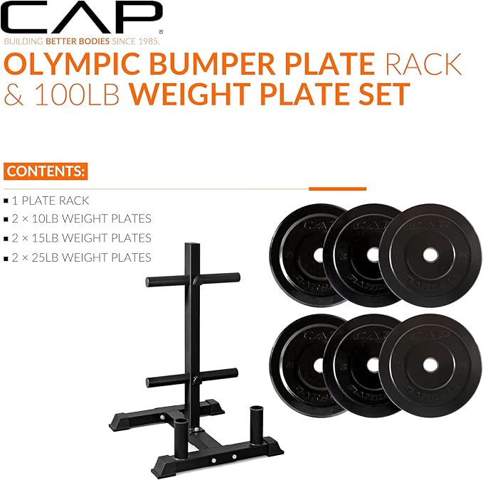 CAP Barbell 2-Inch Olympic Bumper Plate Weight Set with 6 Post Rack | 100-370 lbs | Multiple Options
