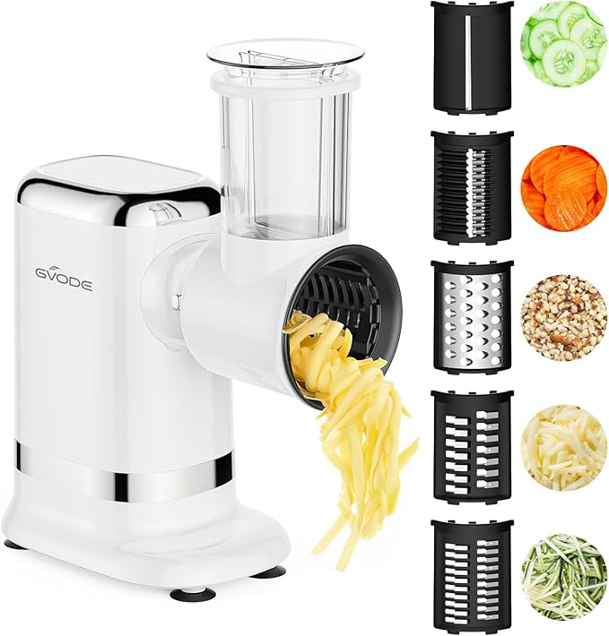 GVODE 5-in-1 Electric Cheese Grater and Vegetable Slicer – 700W Powerful Rotary Grater for the Kitchen with Multiple Attachments, White
