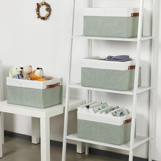 Temary Storage Bins Storage Baskets 4Pack Fabric Storage Bins for Shelves with Dual Leather Handles Canvas Storage Boxes for Organizing Home, Shelf, Closet (White&Green)