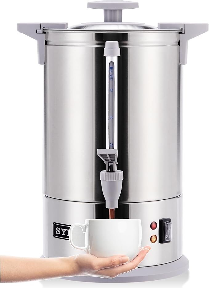 SYBO Commercial Grade Stainless Steel Percolate Coffee Maker Hot Water Urn for Catering, 50-Cup 8 L, Grey