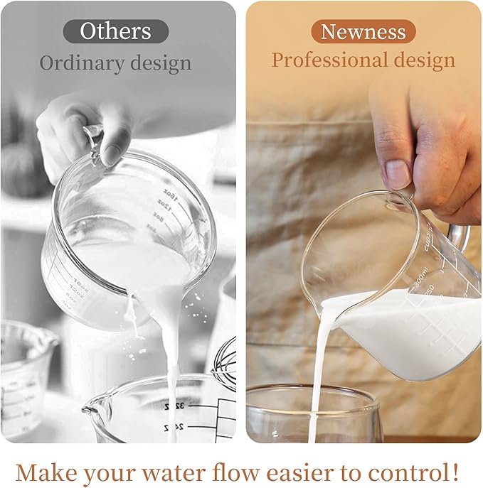 Newness Glass Measuring Cup with Handle, 300 ML (0.3 Liter, 1 1/4 Cup) Measuring Cup with Three Scales (OZ, Cup, ML/CC) and V-Shaped Spout, Measuring Beaker for Kitchen or Restaurant, Easy to Read