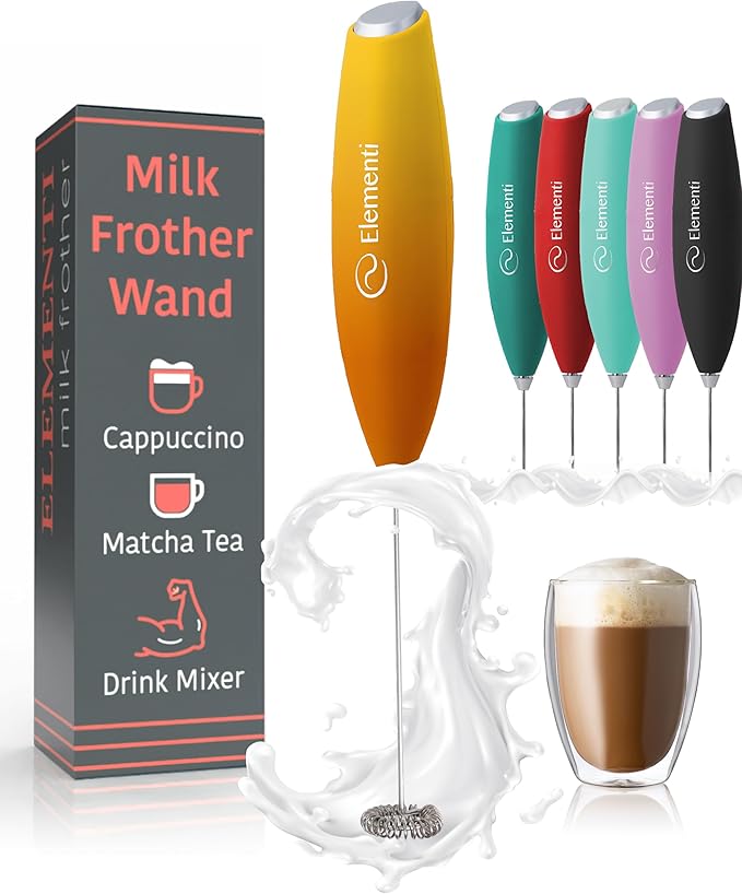Elementi Drink Mixer Handheld - Electric Stirrer and Powerful Protein Powder Mixer Wand, Easy-to-Use Mini Frother Wand for Quick Delicious Cocktails, Milk Frother and Coffee Stirrers (Sunrise)