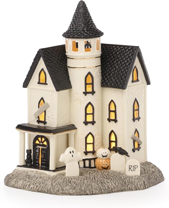 Lenox Vintage Halloween Light-Up Manor Figurine, 8.25-Inch, Porcelain Haunted House, Halloween Decor Indoor, Pumpkins, Ghost, Fall Decor Spooky Table Decoration (1 Piece) 3 AAA Batteries Not Included