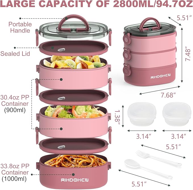 Lunch Box, Stackable 3 Layers Containers, Portable 94OZ Large Capacity Leakproof Bento Box with Spoon & Fork & Sauce Boxes, Microwave Safe Lunch Box for Kids and Adults