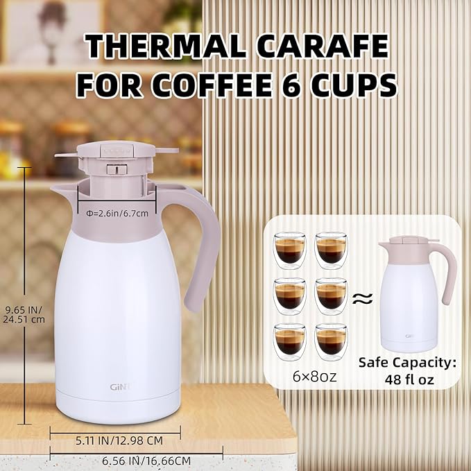 GiNT 50.7 Ounces Stainless Steel Thermal Coffee Carafe with Lid/Double Walled Vacuum Thermal Carafe / 12 Hour Heat Retention (White, 1.5L)