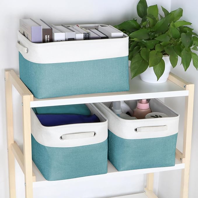 Kntiwiwo Foldable Storage Bin Collapsible Fabric Storage Basket Cube with Durable Handles Closet Organizer Bins for Organizing Shelves Drawers, Set of 3, 15" x 10" x 9.5", Teal