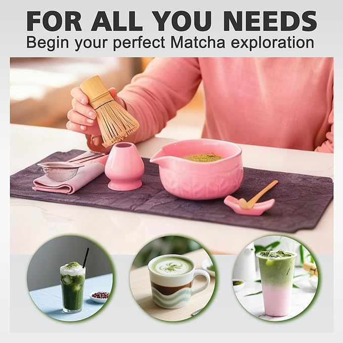 Matcha Whisk Bowl Set, 7PCS All-in-One Japanese Tea Set Includes Matcha Bowl with Spout, Bamboo Whisk (Chasen) with Stand, Scoop, Sifter, Complete Kit for Ceremony, Gift for Matcha Tea Lovers（Pink)