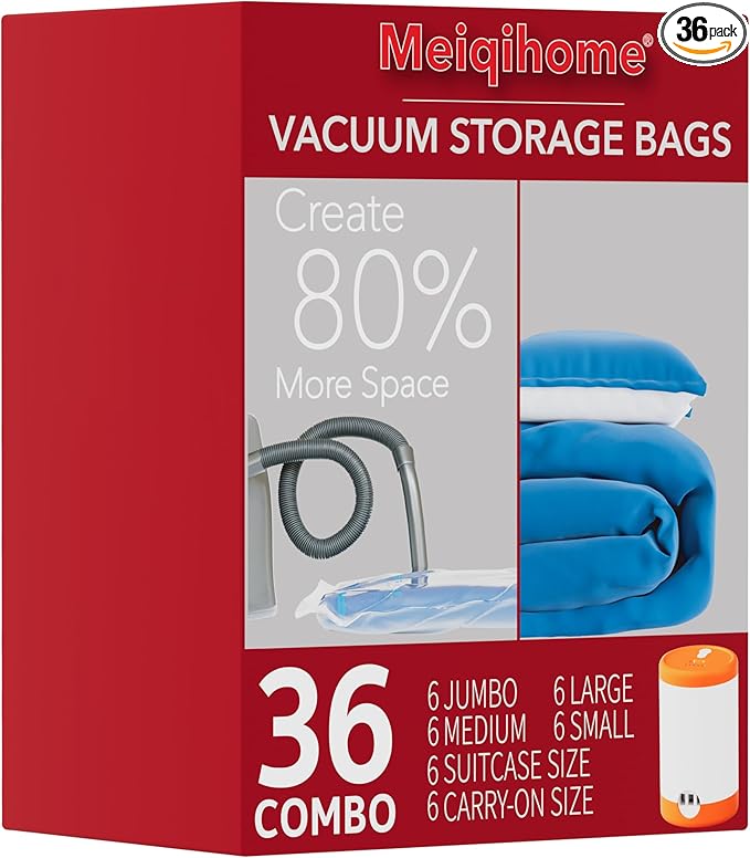 36 Pack Vacuum Storage Bags with Electric Pump, Vacuum Seal Bags for Clothing, Pillows, Blanket, Bedding, Comforters,Includes 6 Jumbo,6 Large,6 Medium,6 Small,6 Travel bags and 6 small Travel bags
