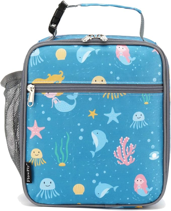 FlowFly Kids Lunch box Insulated Soft Bag Mini Cooler Back to School Thermal Meal Tote Kit for Girls, Boys, Mermaid