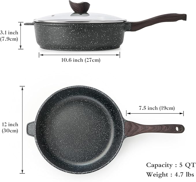Kordisen Nonstick Deep Frying Pan with Lid, 12 Inch Large Skillet, 5 Qt Non Stick Saute Pan for Cooking, Healthy Induction Cookware, PFOA Free