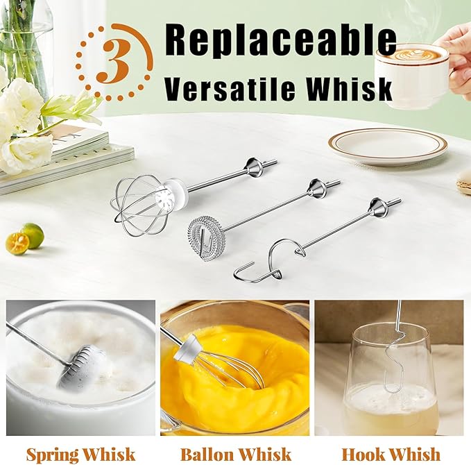Nahida Silver Milk Frother Wand for Coffee, Frother Handheld Rechargeable Electric Whisk with 3 Heads 3 Speeds Drink Mixer Coffee Frother Foam Maker For Latte, Cappuccino, Hot Chocolate, Egg