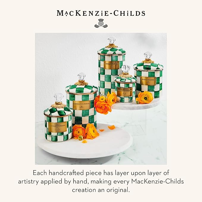 MACKENZIE-CHILDS Large Enamel Canister, Kitchen Storage Container with Lid, Green-and-White Emerald Check