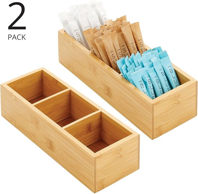 mDesign Bamboo Wood Slim Food Storage Organizer Box, 3 Section, Divided Compartment Bin; Container for Kitchen, Pantry; Holder for Spices, Snacks, Tea, Coffee - Echo Collection - 2 Pack -Natural