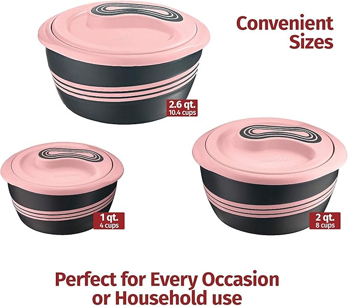 Pinnacle Insulated Casserole Dish with Lid 3 pc. Set 2.6/2/1 qt. Hot Pot Food Warmer/Cooler –Thermal Soup/Salad Serving Bowl- Stainless Steel Hot Food Container–Best Gift Set for Moms –Holidays Pink