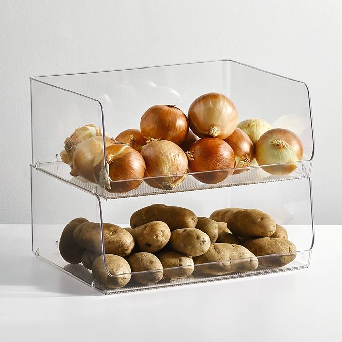 mDesign Extra Wide Stackable Plastic Food Storage Organizer Bin Basket with Open Front for Household Kitchen Cabinets, Pantry, Offices, Closets, Bedrooms, Bathrooms - 15.2" Wide, 2 Pack - Clear