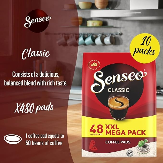Senseo Classic Medium Roast Coffee Pods – 480 Count (10 Packs) – Smooth & Balanced Flavor with Rich Crema – Single-Serve Compostable Coffee Pads – Compatible with Senseo & PeleCom Machines