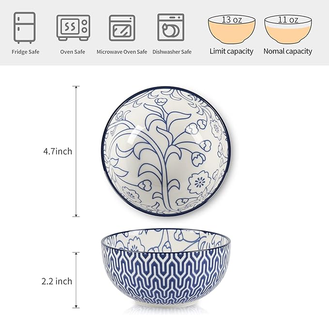 Selamica Ceramic 12 OZ Dessert Bowls Set, Ice Cream Bowls, 4.7 Inch Small Bowls for Snack, Side Dishes, Rice, Microwave Dishwasher Safe, Set of 6, Vintage Blue