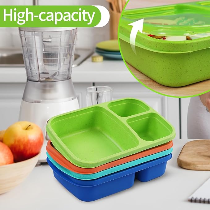 8 Pack Bento Lunch Box Set 3 Compartment Wheat Straw Meal Prep Food Storage Containers Plastic, Microwave and Dishwasher Safe （Jewel Brights）