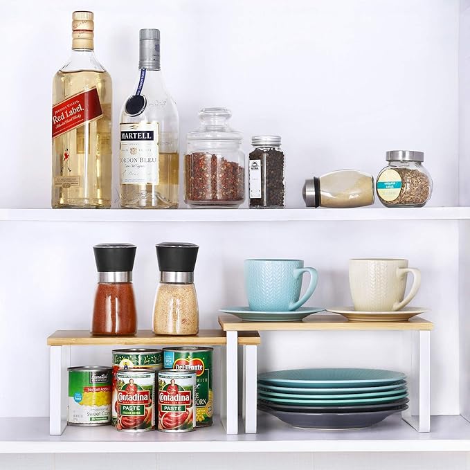 NEX Kitchen Cabinet and Counter Shelf Organizer, Stackable & Expandable, White and Natural