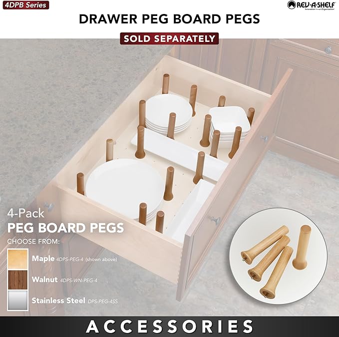 Rev-A-Shelf Trimmable Pegboard Drawer Divider Organizer, Trim to Fit Wooden Kitchen Cabinet Storage Utensil, Pots & Dish Rack, 24" x 21", 4DPS-2421