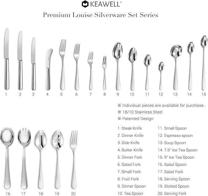 KEAWELL Premium Louise Spoons Set, Set of 4, 18/10 Stainless Steel, Exceptional mirror finish, Dishwasher Safe (9“ Serving Spoon)