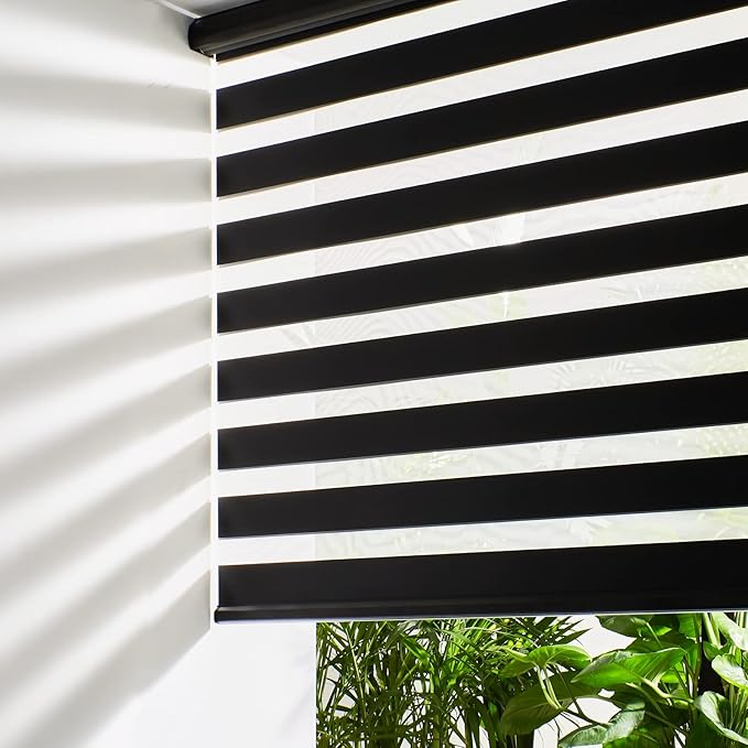 Persilux Cordless Zebra Blinds for Windows (35" W X 47" H, Black) Free-Stop Dual Layer Roller Windows Shades for Day and Night, Light Filtering Sheer Shades for Home, Easy to Install