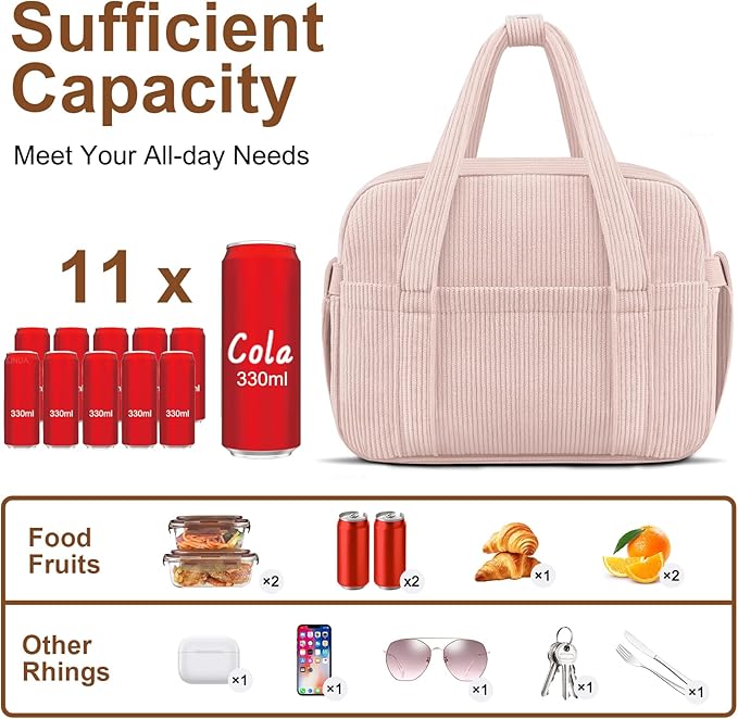 Corduroy Lunch Box Lunch Bag for Women Men, Cute Strawberry Small Insulated Reusable Work Leakproof Simple Lunch Boxes Tote Bag Adults Cooler Bag