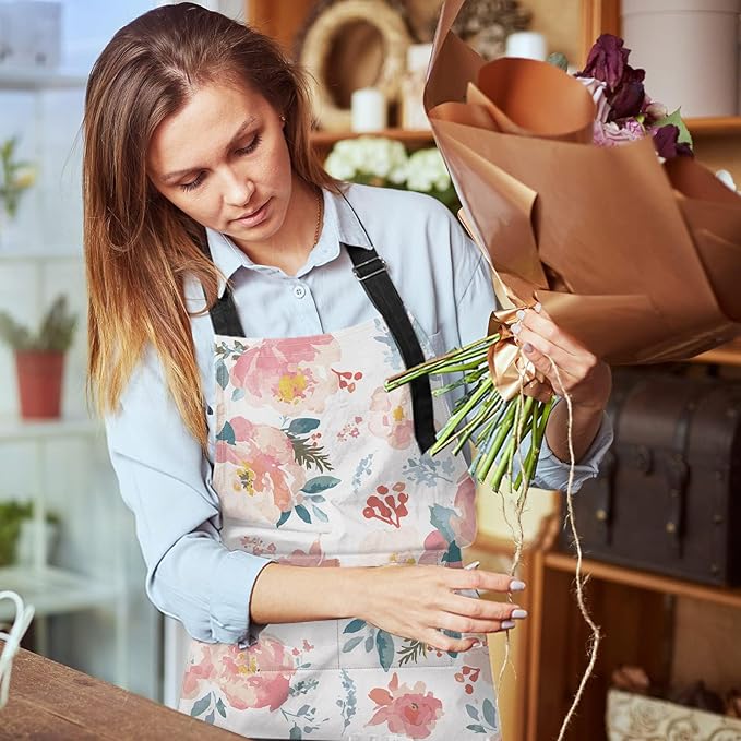 Britimes Apron Home Kitchen Cooking Baking Gardening for Women Men With Pockets Romantic Floral Flower Rose Pink 32x28 inch