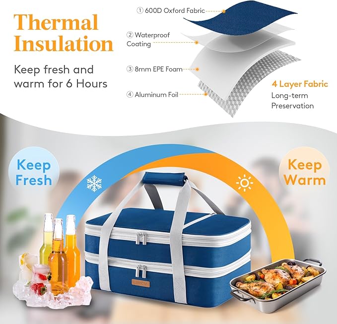 LUNCIA Double Decker Insulated Casserole Carrier for Hot or Cold Food, Lasagna Lugger Tote for Potluck Parties/Picnic/Cookouts, Fits 9"×13" Baking Dish, Pure Blue