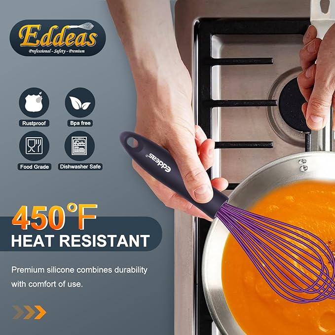 Silicone Whisk, Eddeas Whisk Non-Scratch Coated Whisks set of 3-Heat Resistant(450°F) Kitchen Wisk, Balloon Egg whisk Perfect for Blending, Whisking, Beating & Stirring, Purple